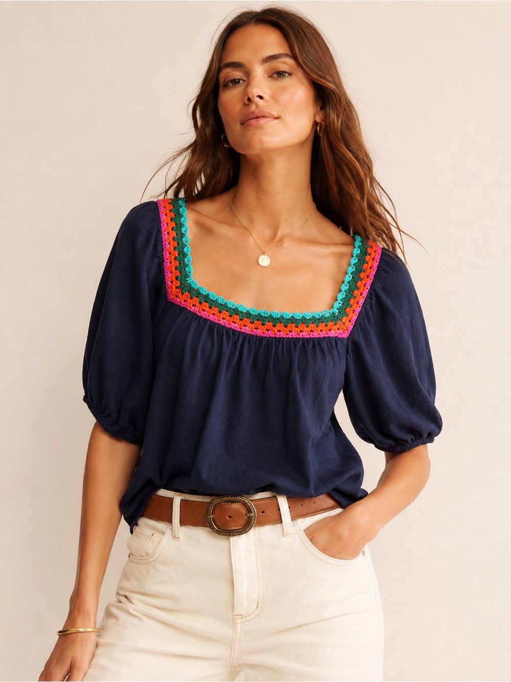 NWT Boden | Navy Crochet Trim Peasant Top Balloon Sleeve 100% Cotton  US Size 4